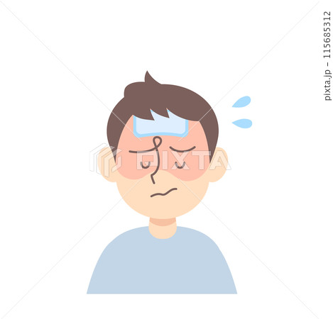 発熱で額に冷却シートを貼る男児 115685312