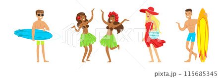 People Characters Enjoy Beach Summer Vacation Vector Set 115685345