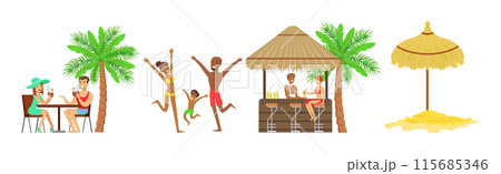 Man and Woman at Resort Enjoy Summer Beach Rest Vector Set 115685346