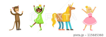 Funny Kids Actors in Theater Costumes Showing Performance Vector Set 115685360
