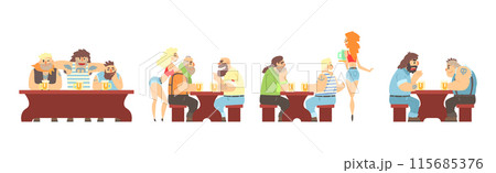 Man at Bar Sit at Table Drink Beer Vector Set 115685376