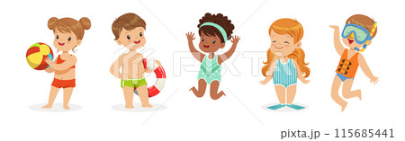 Small Children Having Fun In Water of the Pool Vector Set 115685441
