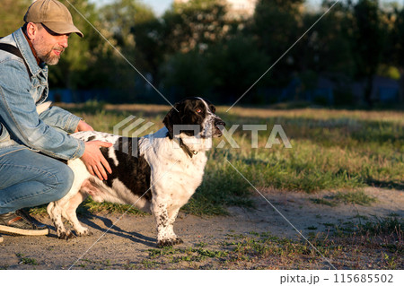 Man gently petting hound in sunny field. Man gently petting hound in sunny field. 115685502