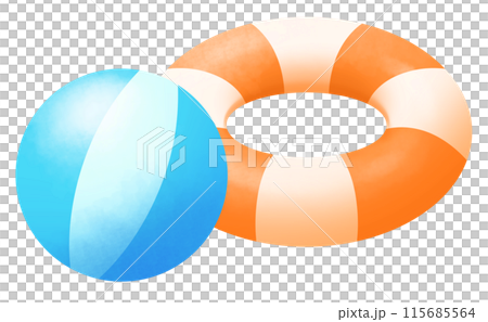 Illustration of an orange swim ring and a light blue beach ball Illustration of an orange swim ring and a light blue beach ball 115685564