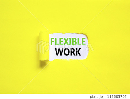 Flexible work symbol. Concept words Flexible work on beautiful white paper. Beautiful yellow paper background. Business Flexible work concept. Copy space. Flexible work symbol. Concept words Flexible work on beautiful white paper. Beautiful yellow paper background. Business Flexible work concept. Copy space. 115685795