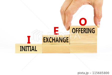 IEO initial exchange offering symbol. Concept words IEO initial exchange offering on beautiful wooden blocks. Beautiful white background. Business IEO initial exchange offering concept. Copy space. 115685800