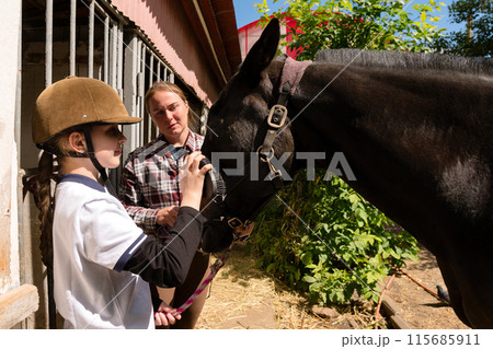 Girl grooming horse with guidance from instructor. Girl grooming horse with guidance from instructor. 115685911