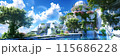 Lush greenery envelops futuristic architecture nestled among cascading waterfalls 115686228