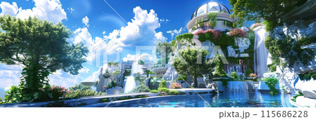 Lush greenery envelops futuristic architecture nestled among cascading waterfalls 115686228