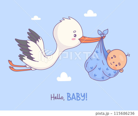 Cute flying cartoon stork with newborn baby boy. Funny bird kawaii character and delivery of infant. Cool childish card male birthday. Vector illustration. 115686236