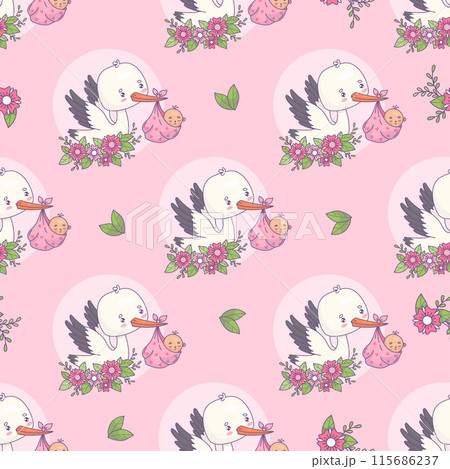 Seamless pattern with cute stork with flowers in its beak with newborn baby girl on pink background. Vector illustration. Funny cartoon bird kawaii and childish birthday. 115686237