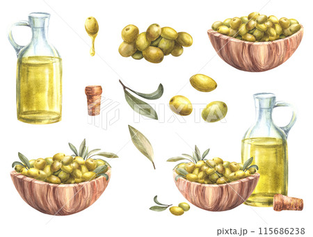 Olive oil in glass bottle with cork. Wooden bowl with green Olives fruit and berries. Watercolor hand drawn illustration for food sauce label, vegetarian menu design. Isolated clipart white background Olive oil in glass bottle with cork. Wooden bowl with green Olives fruit and berries. Watercolor hand drawn illustration for food sauce label, vegetarian menu design. Isolated clipart white background 115686238