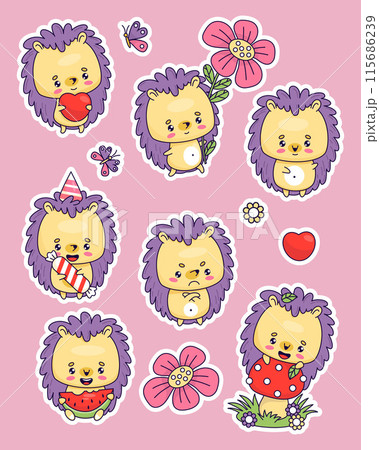 Cute hedgehog sticker set. Funny cartoon animal birthday boy, with flower, heart, on mushroom, with butterfly and piece watermelon. Vector isolated holiday kawaii animal characters. Kids collection. Cute hedgehog sticker set. Funny cartoon animal birthday boy, with flower, heart, on mushroom, with butterfly and piece watermelon. Vector isolated holiday kawaii animal characters. Kids collection. 115686239