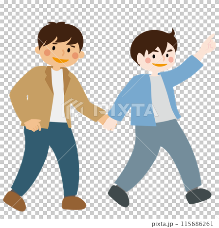 笑顔で幸せそうに手をつないで歩く男性カップルのベクターイラスト 笑顔で幸せそうに手をつないで歩く男性カップルのベクターイラスト 115686261