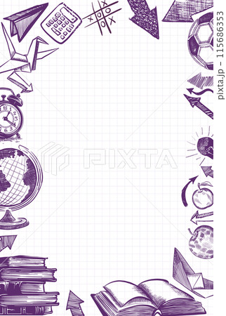 Welcome Back to school Vertical frame, doodle on checkered paper background, vector illustration. Drawing with a blue pen on a notebook sheet . Handmade, not AI Vector illustration 115686353