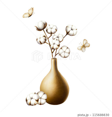 Antique ceramic vase with cotton flower branch. Watercolor hand drawn clay pot isolated on background. Minimalistic illustration, for interior, designers, invitations, decoration, postcards 115686630