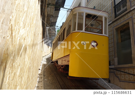 Typical historical yellow tram going up an hill, Lisbon, Portugal 115686631