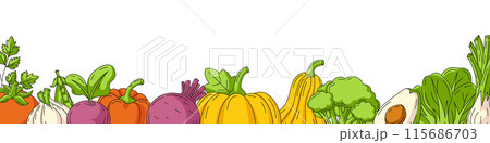 Vegetables background. Vector narrow horizontal banner, veggies line icons, border frame. Space for text. Vegan colorful backdrop with organic eco natural products. For poster, flyer, cover, web 115686703