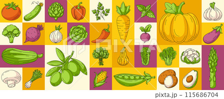 Healthy vegan food. Fresh farm natural vegetables. Vector geometric modern horizontal banner, eco veggies icons. Minimal abstract layout for poster, menu, flyer, cover, farmers market, brochure 115686704