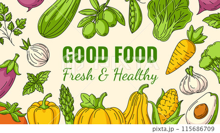 Good food, fresh and healthy farm vegetables, vector horizontal banner, veggies icons frame. Space for text, isolated background. Organic product. For poster, menu, flyer, cover, invitation, store 115686709