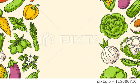 Fresh and healthy farm vegetables, vector horizontal banner, veggies icons border frame. Space for text, isolated background. Organic product. For poster, menu, flyer, cover, invitation, market 115686710