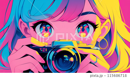 カメラを構えるアニメ風の女の子　AI 115686718