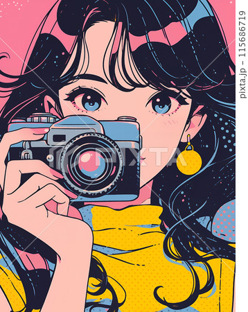 カメラを構えるアニメ風の女の子　AI 115686719