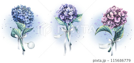 A pink, lilac, blue hydrangea flowers with a satin bows and a paper tags for the inscription. Watercolor hand drawn illustration. Set of elements from the WEDDING FLOWERS collection. 115686779