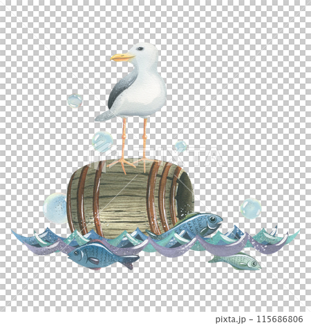 A sea gull swims through the waves with fish and bubbles on a wooden barrel. Hand drawn watercolor illustration on the theme of sea fishing. Composition isolated from background 115686806