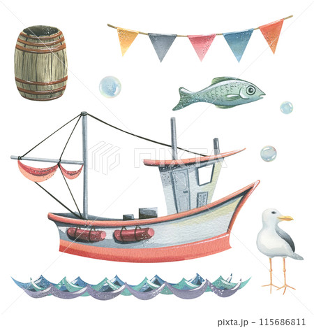Fishing boat with a mast, a wooden barrel, a fish, flags, waves, a seagull and bubbles. Hand drawn watercolor illustration on the theme of sea fishing. Set of elements isolated from background. 115686811