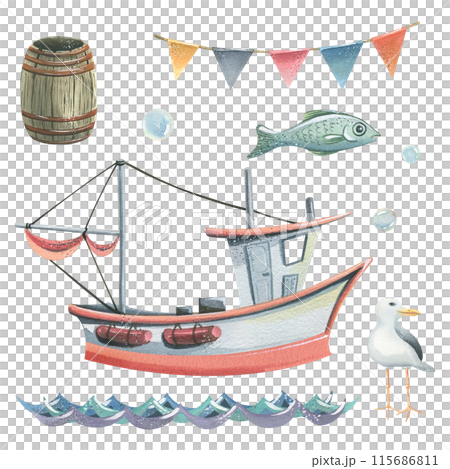 Fishing boat with a mast, a wooden barrel, a fish, flags, waves, a seagull and bubbles. Hand drawn watercolor illustration on the theme of sea fishing. Set of elements isolated from background. 115686811