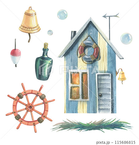 A striped fisherman's cabin, a bell, a float, a bottle of rum, a steering wheel and bubbles. Hand drawn watercolor illustration on the theme of sea fishing. Set of elements isolated from background. 115686815