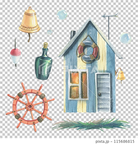 A striped fisherman's cabin, a bell, a float, a bottle of rum, a steering wheel and bubbles. Hand drawn watercolor illustration on the theme of sea fishing. Set of elements isolated from background. 115686815