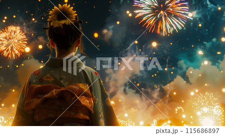 花火を見上げる浴衣女性 115686897
