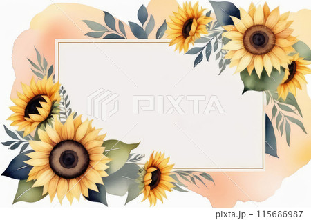 Watercolor wedding summer invitation template with sunflowers, abstract art background vector. 115686987