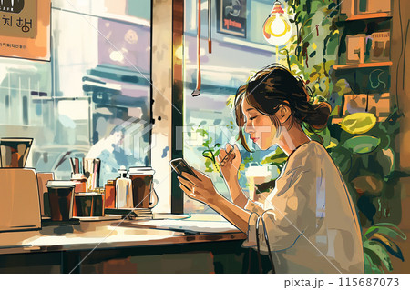 カフェでスマホを見る女性 115687073