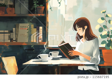 カフェで本を読む女性 115687195