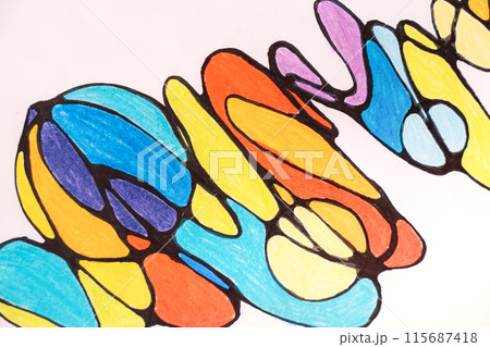 Neurographic drawing colored with colored pencils on white paper 115687418