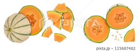 Cantaloupe melon isolated on white background with full depth of field. Top view. Flat lay Cantaloupe melon isolated on white background with full depth of field. Top view. Flat lay 115687482