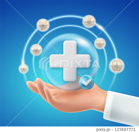 Medical insurance care in the form of treatment covers various diseases of the doctor's hand symbols. Vector illustration file. 115687771