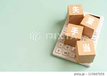 失業手当の文字が入ったブロックと電卓 失業手当の文字が入ったブロックと電卓 115687850