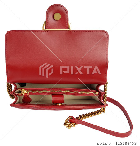 Open Red Leather Purse Top View 115688455
