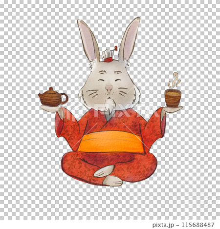 Cute rabbit in traditional Chinese attire holding a teapot and a cup of tea. Charming watercolor illustration. Master of the tea ceremony. Ideal for tea-themed designs,cards, and children's books. 115688487