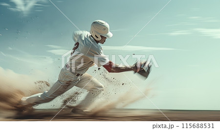 Dynamic image of man, baseball player in white uniform in action,. motion catching ball with gloves over blue sky background. Splashes of dirt 115688531
