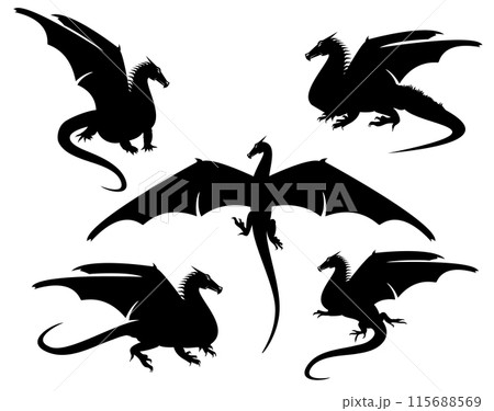 fantasy dragon black and white vector silhouette set 115688569