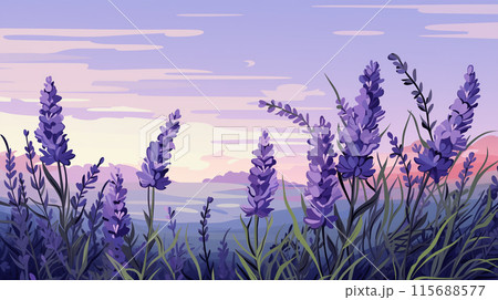 青い空と雲のあるラベンダー畑の絵。 | Premium AI生成画像
