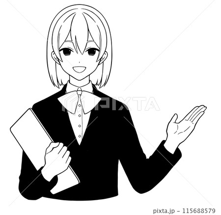 制服を着て会話しながら案内をする漫画風の女性モノクロイラスト(線画) 制服を着て会話しながら案内をする漫画風の女性モノクロイラスト(線画) 115688579