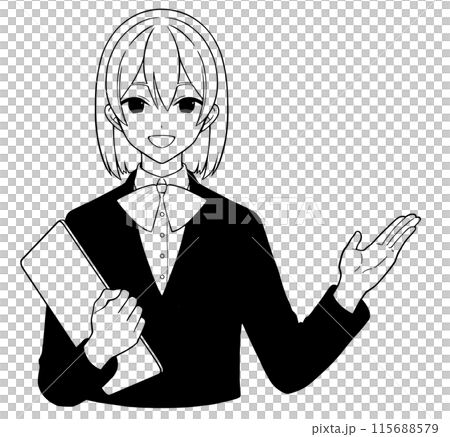 制服を着て会話しながら案内をする漫画風の女性モノクロイラスト(線画) 制服を着て会話しながら案内をする漫画風の女性モノクロイラスト(線画) 115688579
