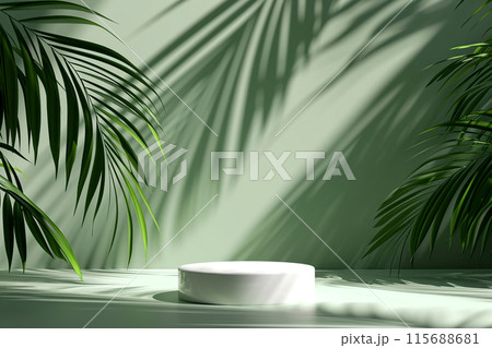 Light green background for product presentation with shadow of tropical palm leaves and light. Podium, stage pedestal platform for cosmetic products. Empty round podium. Layout. banner. Mockup Light green background for product presentation with shadow of tropical palm leaves and light. Podium, stage pedestal platform for cosmetic products. Empty round podium. Layout. banner. Mockup 115688681