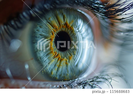 Close-up of the opening pupil of the iris of the human eye. Wide open human eye in real time. Female light green eye. the iris and pupil look into the distance. Cinematic. The iris narrows. Close-up of the opening pupil of the iris of the human eye. Wide open human eye in real time. Female light green eye. the iris and pupil look into the distance. Cinematic. The iris narrows. 115688683